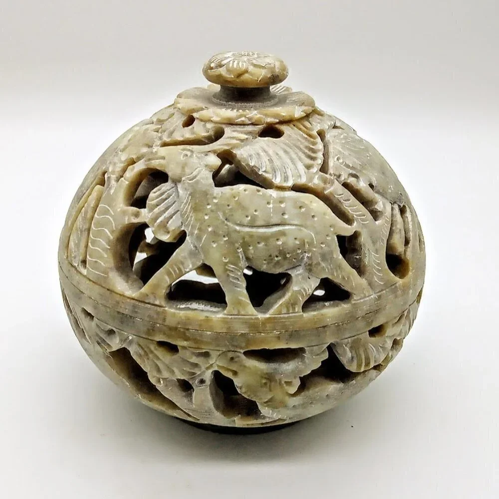 Carved Taupe Soapstone Round Candle Incense Holder